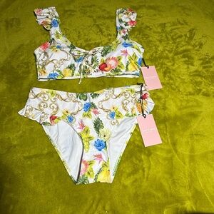 NWT Juicy Couture 2 piece Lace Up Top/ Ruffle Detail Bikini White Floral Large